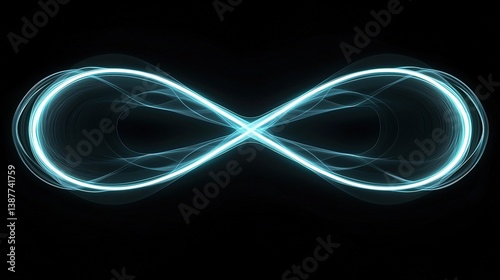 Glowing blue infinity symbol composed of luminous energy loops on minimalist black background. Abstract cosmic concept representing eternity, space-time continuum, and endless possibilities for techno