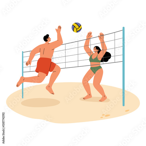 Male and female playing beach volleyball 