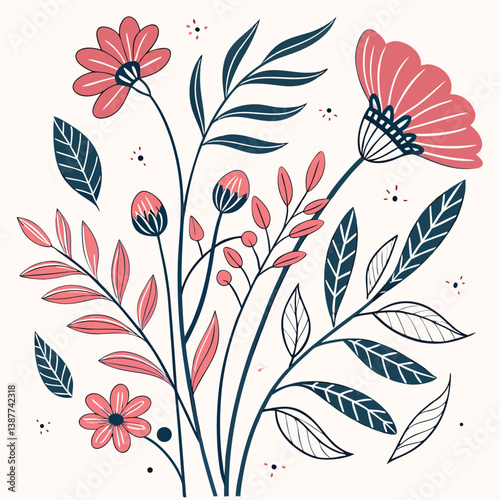 Seamless floral pattern with vintage flower elements and butterfly silhouettes