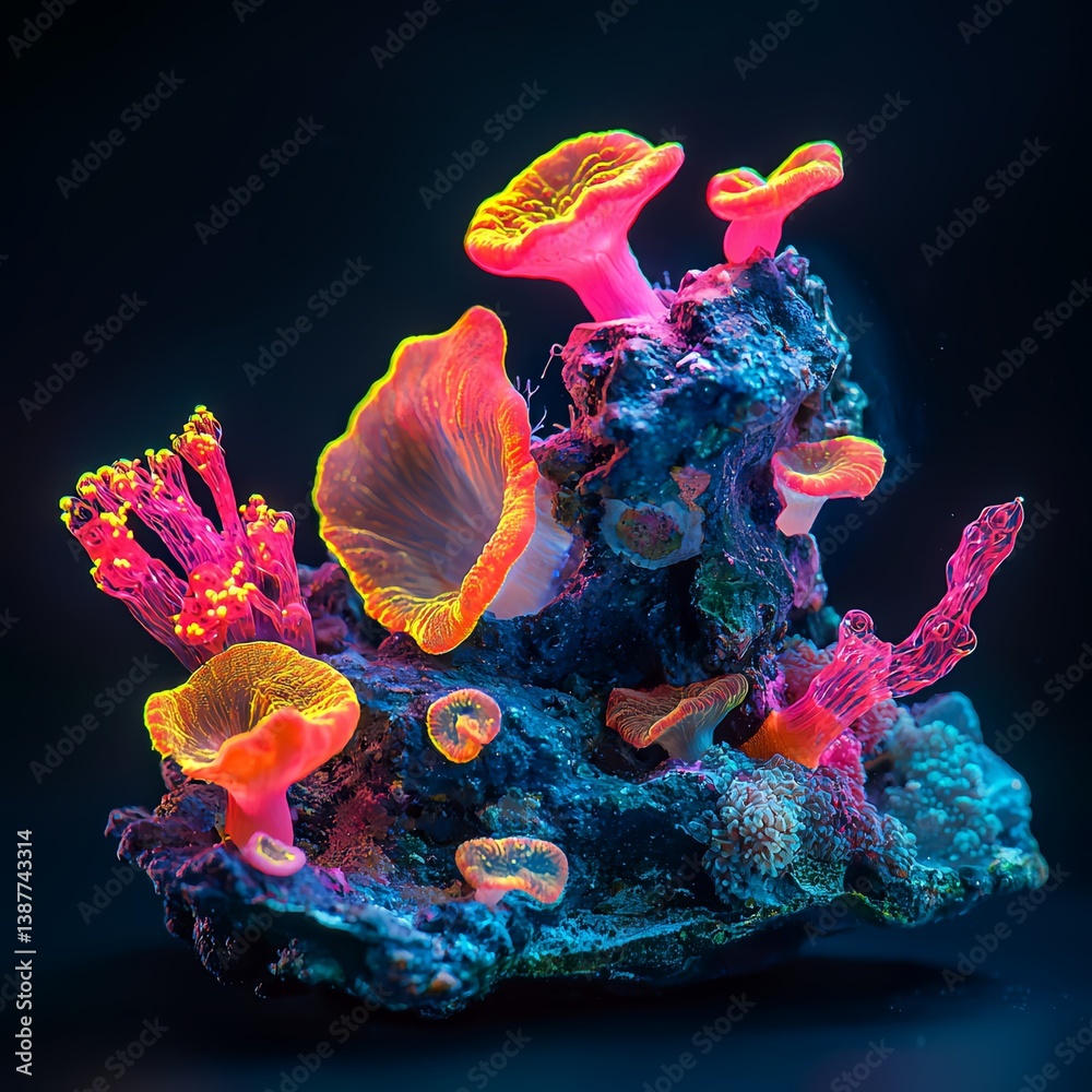 Obraz premium Vibrant Coral Reef: A mesmerizing macro shot reveals the beauty of coral reef. Vivid colors and intricate structures, showcasing the underwater wonderland. 