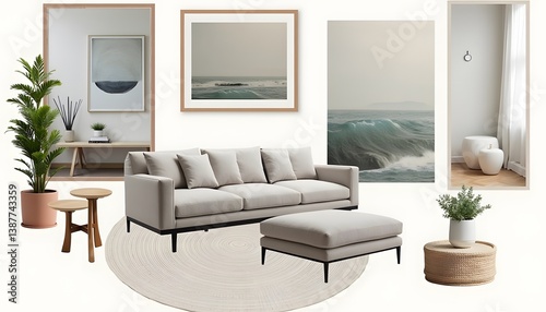 A mood board for a modern minimalist living room design could include images of sleek furniture with clean lines, neutral color palettes, uncluttered spaces, and subtle textures such as wool or linen