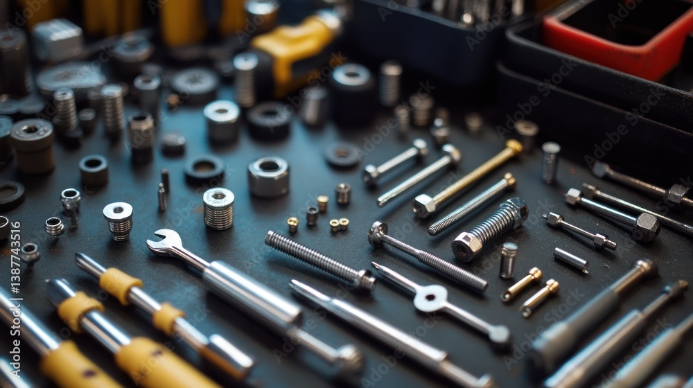 Assorted metal fasteners and tools on a dark surface ready for assembly work Assorted metal fasteners and tools on a dark surface ready for assembly work