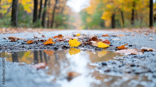Autumn leaves rest in a puddle on a paved road. The background shows a blurred autumnal forest. The image is high quality, with shallow depth of field and natural lighting. The style is serene and