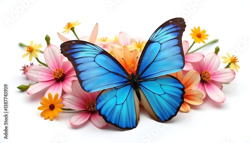 A vibrant blue butterfly with delicate black patterns sprawled gracefully amidst a plethora of colorful flowers, gently isolated on a pristine white background.
