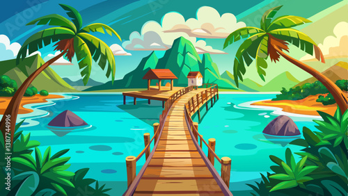 Tropical island landscape with a wooden pier stretching into the turquoise sea