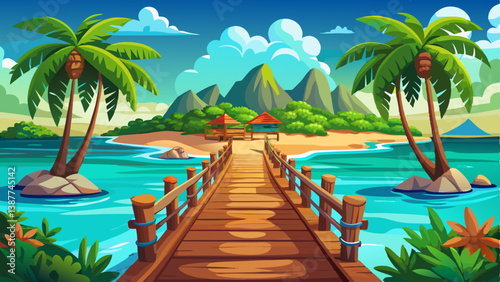 Tropical island landscape with a wooden pier stretching into the turquoise sea
