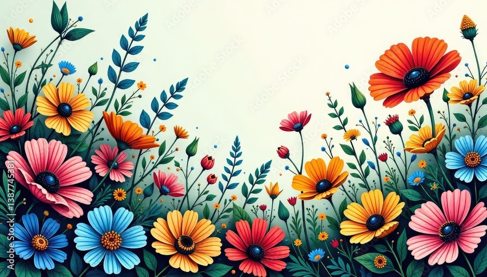 Fototapeta premium Intricate line art blooming wildflowers, endless texture, nature, floral