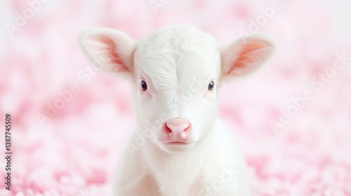 Wallpaper Mural A fluffy white calf is the focus, its large eyes and pink nose prominent. It sits on a pink, blurred background. The image is high-resolution, with soft lighting creating a gentle mood. The style is Torontodigital.ca