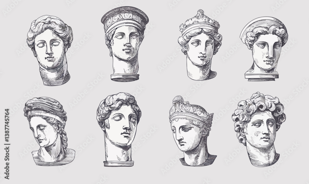 Antique Greek Sculpture Head Vector Set in Sketch Engraving Style for Art and Design