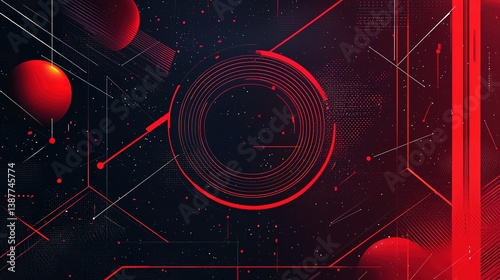  Abstract futuristic technology background with dark red and light black circular shapes, glowing lines forming interconnected data points at the center. High-contrast illustrative style featuring sph