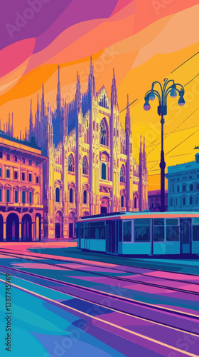 Retro Milan Cathedral Duomo Cityscape Poster - European Summer Travel Vintage Illustration