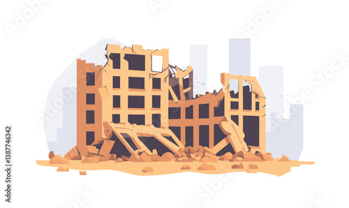 Desolate Urban Ruins Depicted in Minimalist Flat Vector Style Illustration