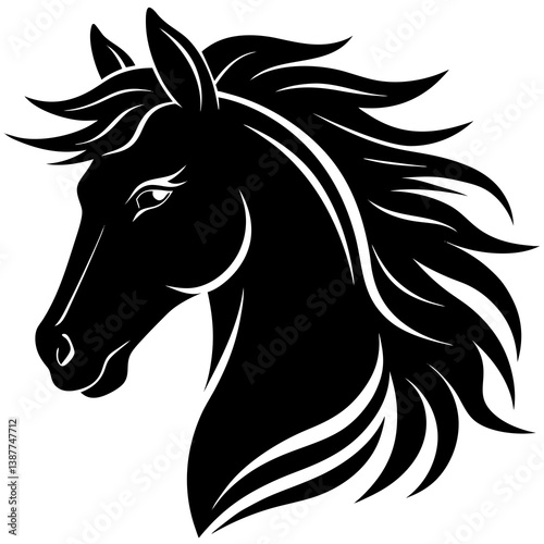 Horse Head Silhouette Logo Vector - Majestic Animal Symbol of Freedom, Courage, Power, Wildlife, Strength, Grace, War, Heraldic Design, Equestrian, Noble, Fierce, Adventure, Leadership, Heritage.
