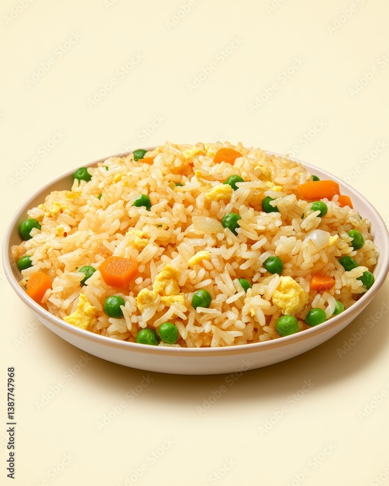 Hyperrealistic golden egg fried rice on light yellow background