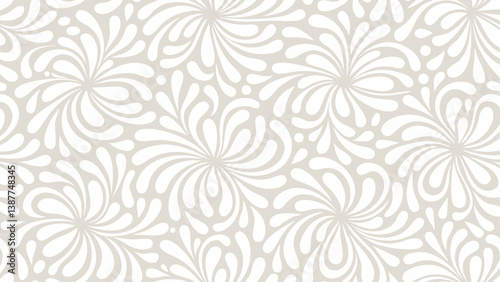 Seamless vector pattern with soft flowing abstract shapes in swirling radial symmetry with water droplet and petal forms in light beige and white tones for elegant backgrounds