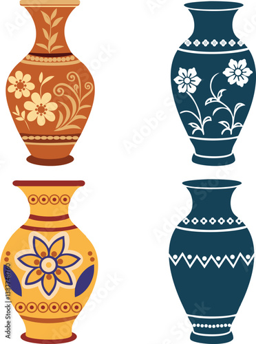 Collection of decorative vases with floral and geometric patterns in various colors