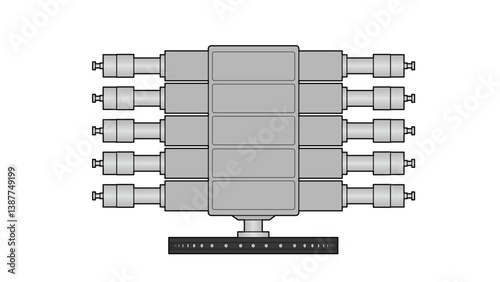 Line drawing showing a hyper reciprocating compressor with 5 throws, 10 cylinders, frame, and a flywheel