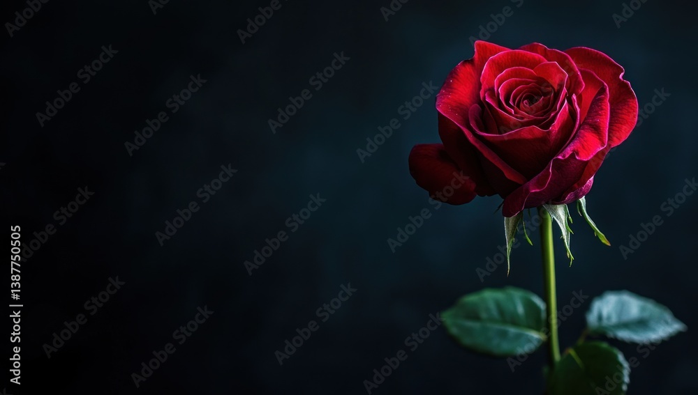 A beautiful red rose blooming against a dark moody background A beautiful red rose blooming against a dark moody background