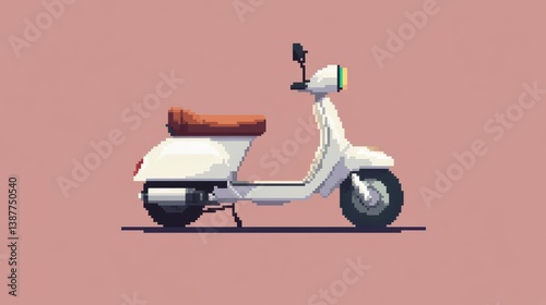 Pixel art illustration of a vintage white scooter on a pink background.