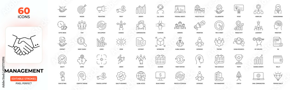 Management Line Icons – Leadership, Workflow, Profit, Communication, Editable Stroke.