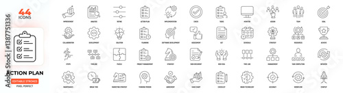 Action Plan Line Icons – Goal Setting, Task Management, Timeline, Workflow, Editable Stroke.
