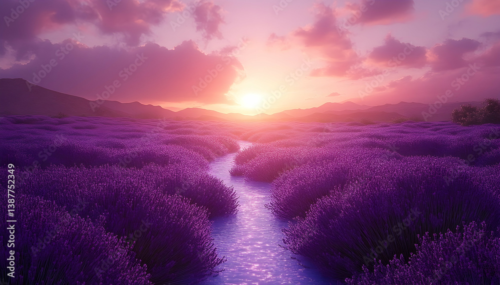 Fototapeta premium Purple field sunrise river landscape