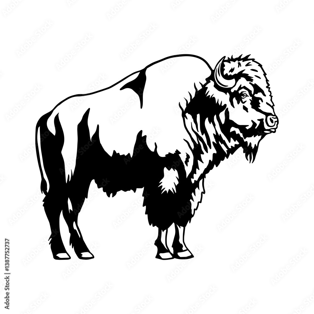 Obraz premium Buffalo silhouette in black and white. Wild animal vector design for t-shirt, clipart