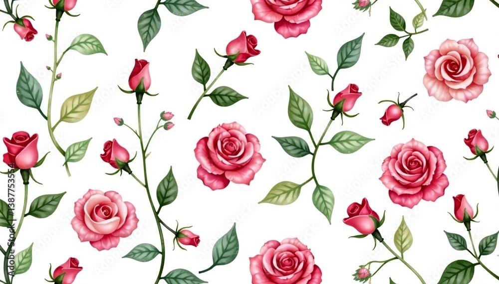 Naklejka premium Delicate watercolor rose buds, leaves, & vines seamless repeat, rose, leaves