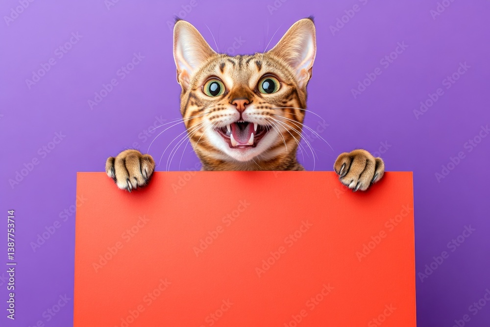 Naklejka premium Fluffy friend with sign. Minimalist ad creature. Isolated cat on a solid apparel purple background. Сute adult cat egyptian mau hold in front paws a prototype - large red way sign.