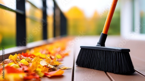 Sweeping colorful autumn leaves from a wooden porch in a serene outdoor setting