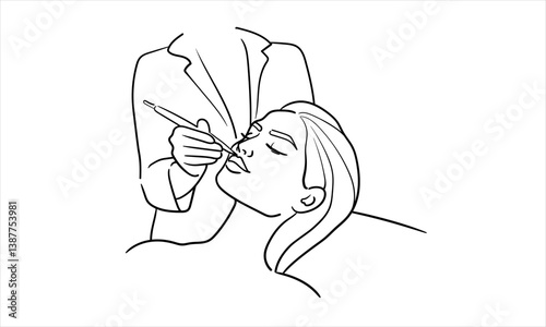 Girl cosmetologist doing a procedure to a client, continious line drawing. Care procedures, cosmetics, beauty salon outline. Vector illustration