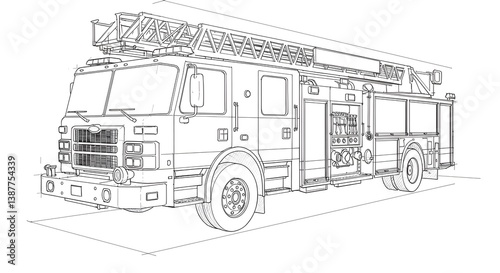 Detailed Line Drawing of a Generic Fire Truck with Ladder