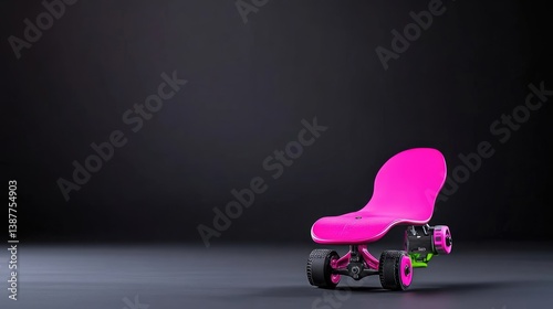A pink electric skateboard sits on a dark gray floor. Its unique, sculpted deck contrasts with the dark background. The image is high-quality, with even lighting and a shallow depth of field. Its cle