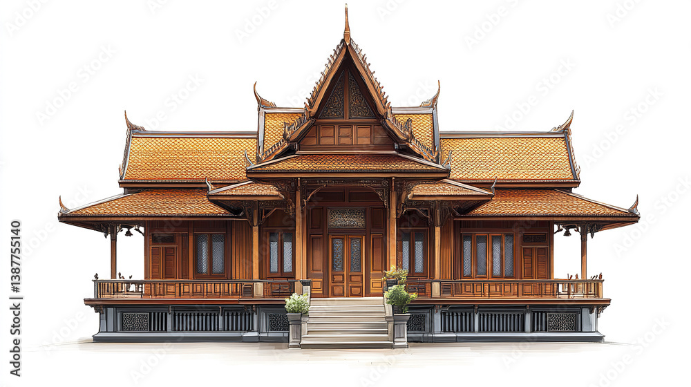 Naklejka premium Traditional Thai house with ornate roof and wooden structure
