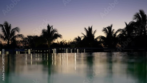  Reflective Pool at Sunset with Palm Silhouettes