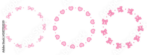 Coquette Pink Ribbon Bow and Heart Circle Frame set. Vintage isolated Elegant round border with copy space. Romantic Girly Vibe. Vector illustration for design, wedding, invitation, card