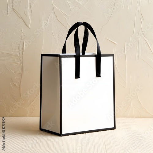 White paper bag with black trim and ribbon handle. Simple, yet classy. photo