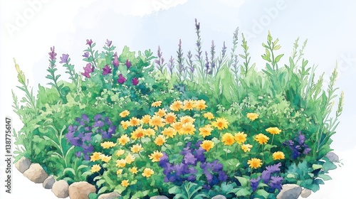 Hand-painted floral garden bed with greenery and flowers. Perfect for gardening, landscaping, and illustration themes.
