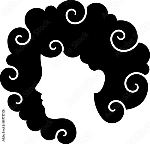 Curly hair abstract logo design. Woman head silhouette with spiral swirls in circle shape. Black and white vector illustration.