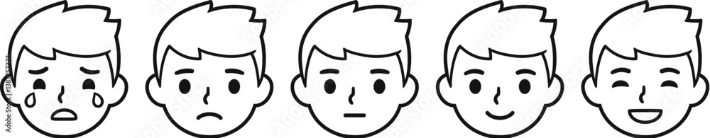 Obraz premium Cartoon boy face emotional scale, from sad to happy. Facial expressions of feelings and mental states. Cute and simple vector illustration set.