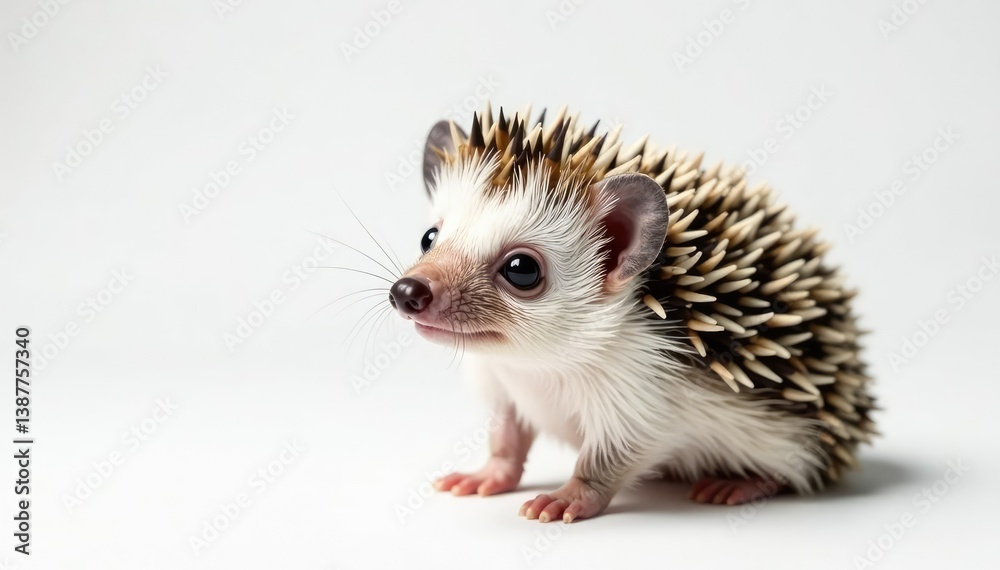 Naklejka premium Tiny hedgehog posed against pure white background, spines, night