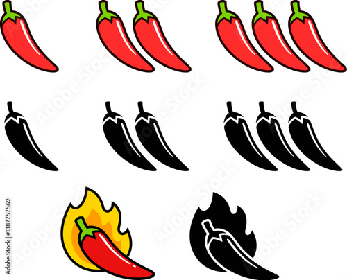 Hot chili peppers icon set, color and black and white. Level of spicy from mild to extra hot with fire flame. Simple cartoon vector clip art illustration.