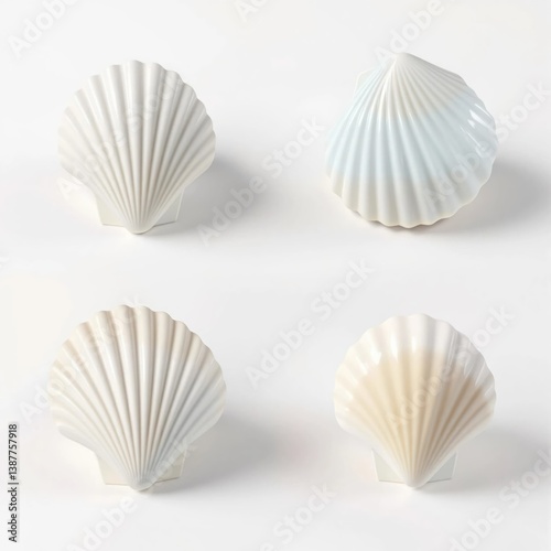 Four white shells with a blue and tan center
