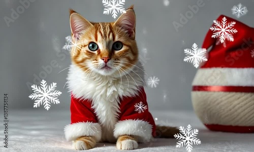 Ginger cat in santa coat with christmas snowflakes