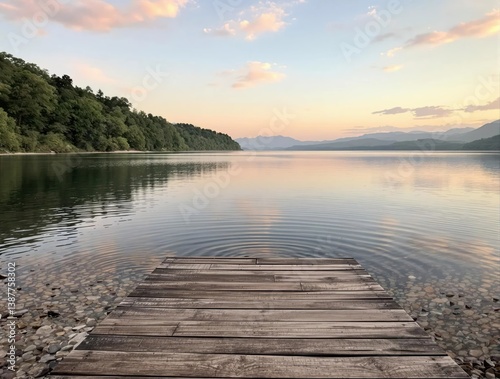 A wooden dock is on the shore of a lake
