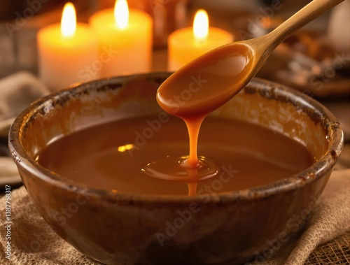 A spoon is dipping into a bowl of caramel