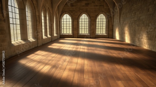 Empty historical hall with sunlight streaming through arched windows