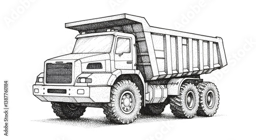 Detailed Drawing of a Heavy-Duty Dump Truck on White Background