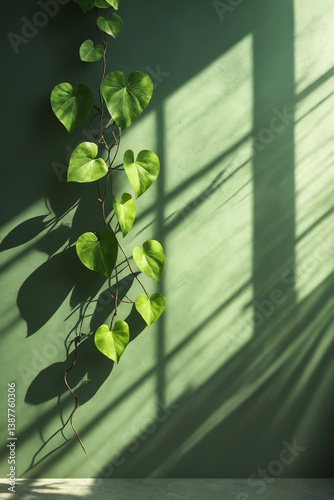 leaves on green wall. Minimalistic background with blurred foliage shadow