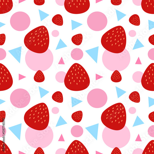 Hand drawn strawberry with pastel geometric shape, seamless pattern.